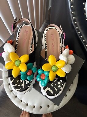 Betsey Johnson Black Floral Platform Sandals with Colorful Blooms